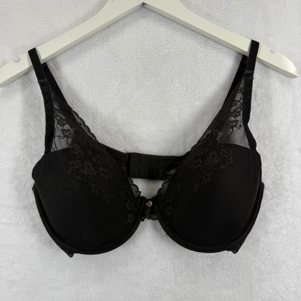 Natori Black Lace Trim Plunge Bra 34DD Underwire Push Up Lingerie READ